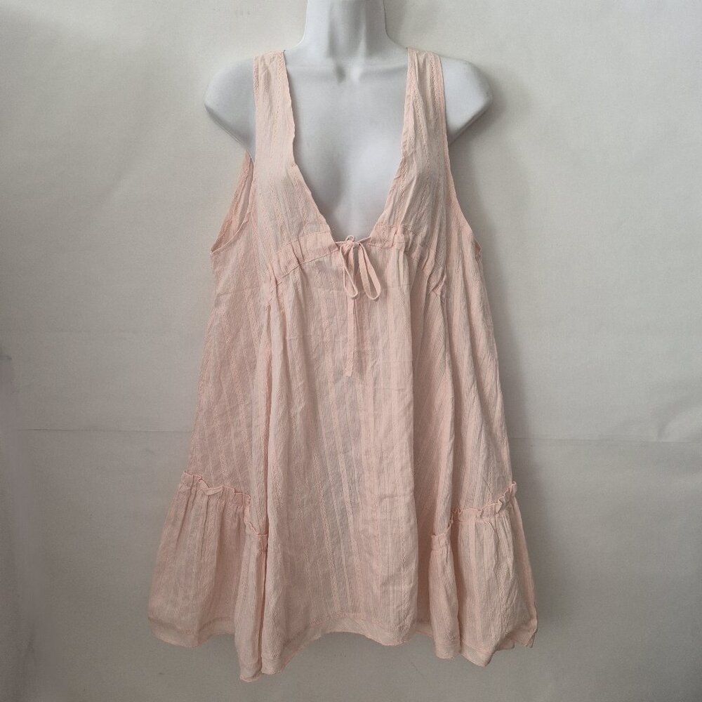 Women XL Peach Cotton Sleeveless Deep V-Neck Mini Swing Dress Cover-Up Drawstrin